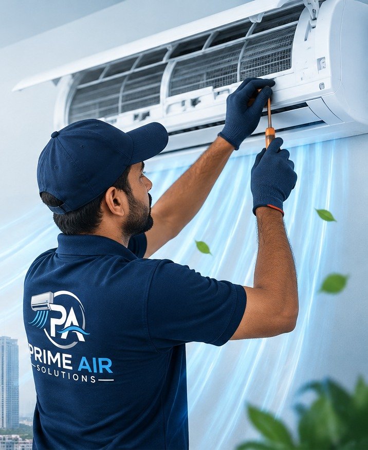 Prime Air Solutions technician installing a split AC indoor unit in Hyderabad
