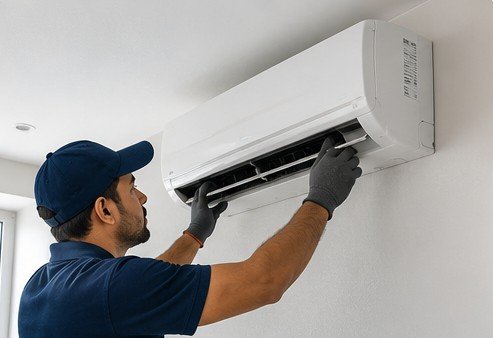 Technician installing a split AC indoor unit