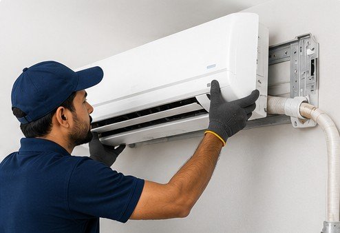 Technician installing a brand-new split AC indoor unit