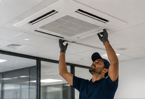 Ceiling cassette AC unit installation in a commercial space